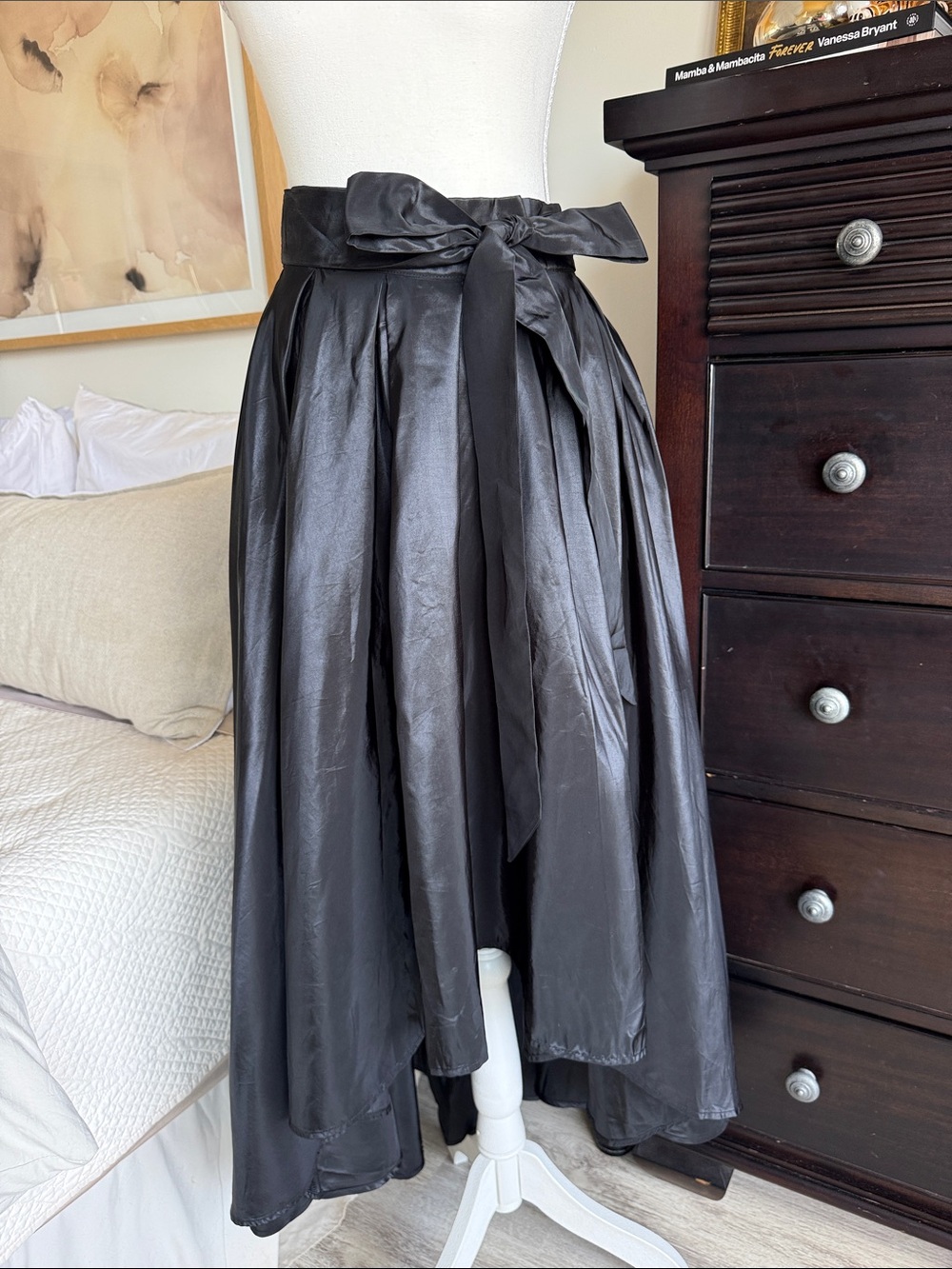 VENUS Black Satin High-Low Skirt with Self Tie Waist & Back Zipper